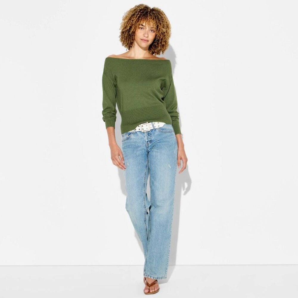 Women's Off the Shoulder Banded Pullover Sweater - Wild Fable Green L